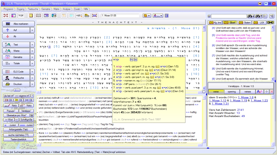 J.L.A. Thenachprogramm mit linearer Übersetzung, Elberfelder Bibel und Verstipps